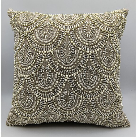 Pier 1 Pearl Beaded Decorative Throw Pillow Beige and White Square - Picture 1 of 4